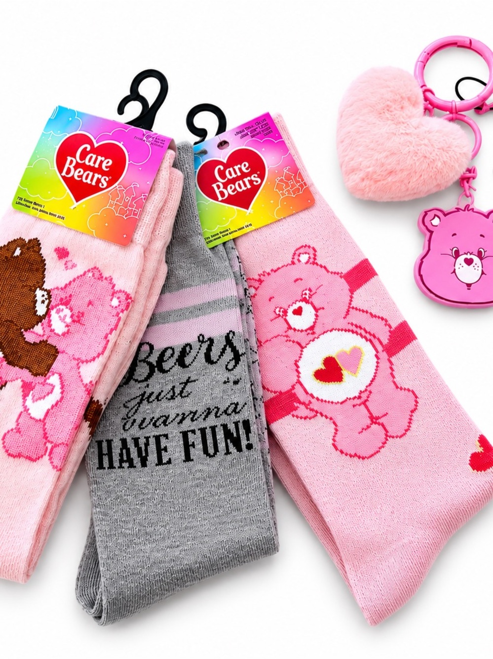 Care Bears Pink & Gray  Crew Sock 3-Pack with Character Hearts